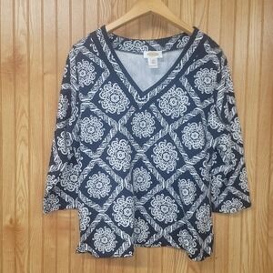 Talbots Womens XL Top Navy Blue White Medallion 3/4 Sleeve Nautical Coastal